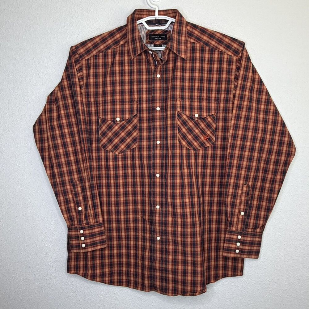 Ariat Pro Series Workwear Fitted Stretch Shirt Men’s Large Orange Plaid Vented